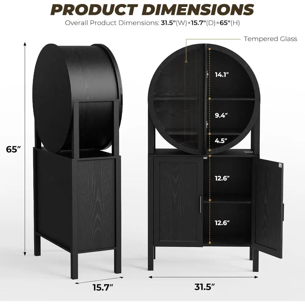 Illuminated 65 Glass Curio Cabinet with Unique Design, Ideal for Wine and Kitchen Storage in Dining or Living Room, Sleek Black