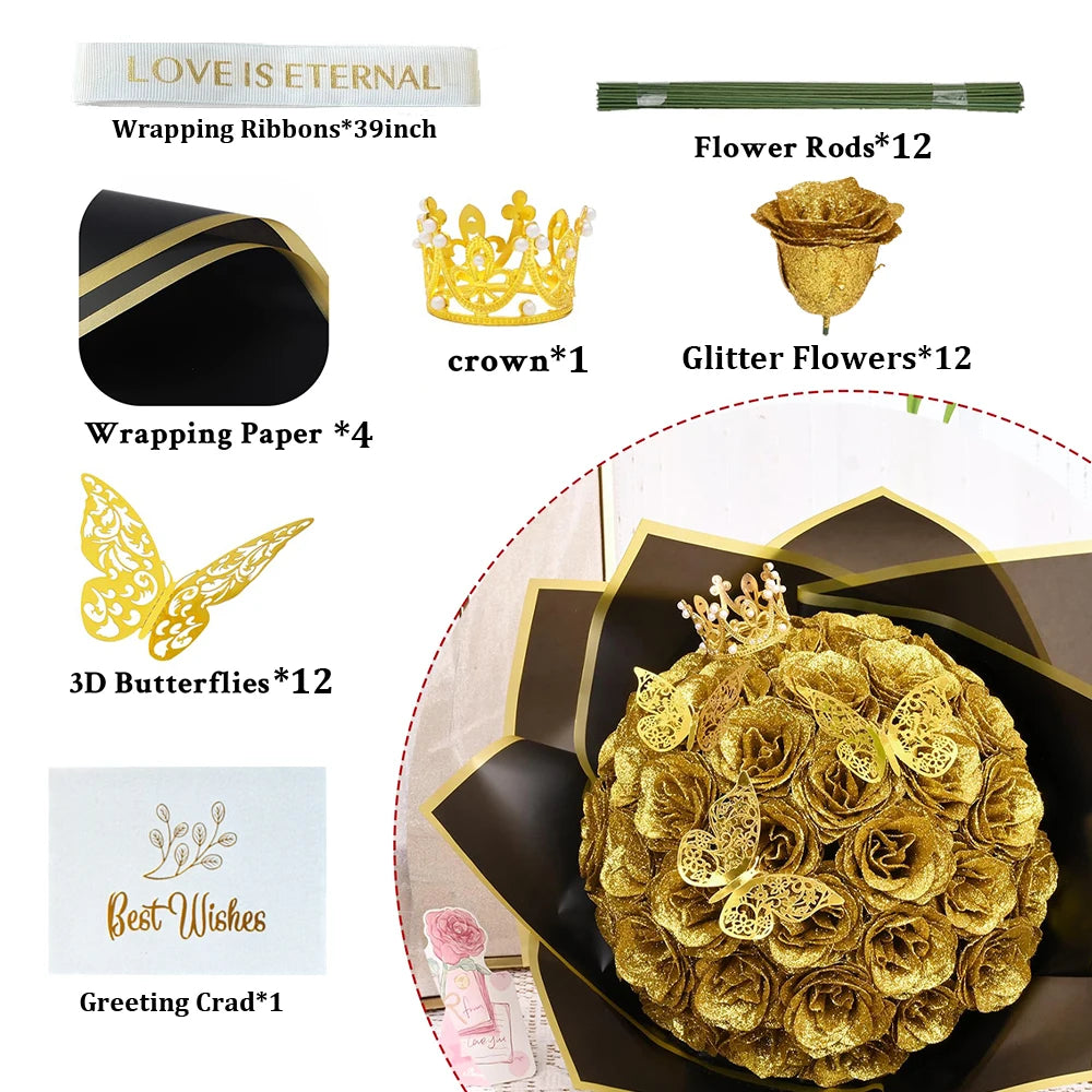 12PCS Glitter Roses Artificial Flowers DIY Bouquet Everlasting Fake Flower for Wedding Anniversary Valentines Day Mothers Gifts