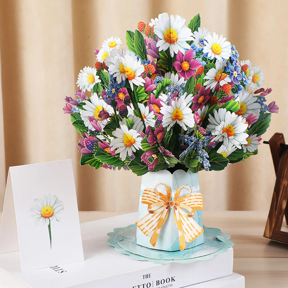 Premium 3D Pop Up Flower Bouquet Card Mothers Day Gift Valentines Day Anniversary Birthday Greeting Cards Thank You Wishes Gifts