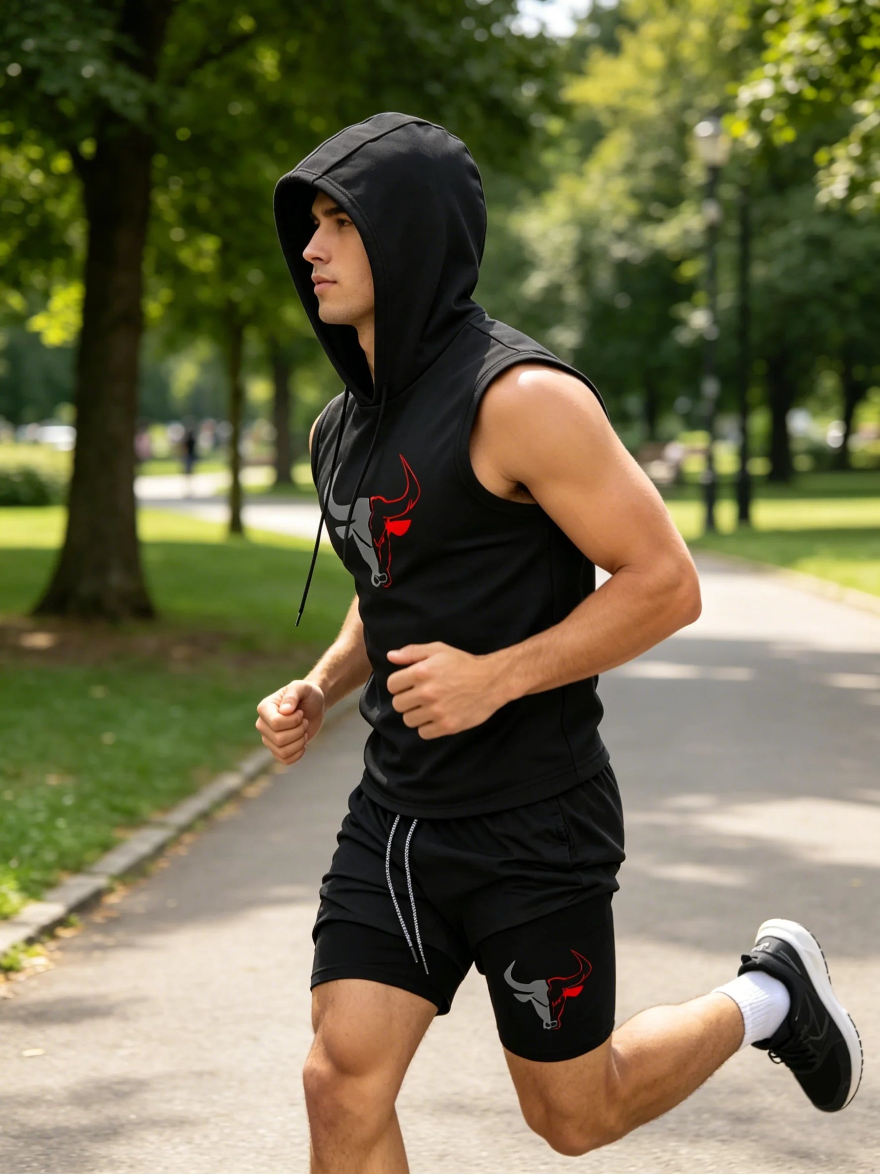 Men's Black Sleeveless Hooded Vest and Shorts Set Bull Print Tracksuit
