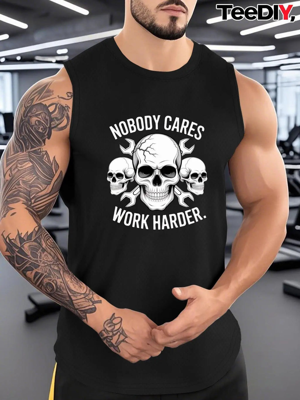 Mens Sleeveless Sports Vest Nobody Cares Skull Design Black Working Harder