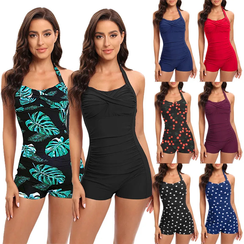 2026 Women's Solid-Colour Halter Neck Briefs Swimsuit Sexy Athletic-Style Strappy Swimsuit with Padded Bust and Pleated Detail