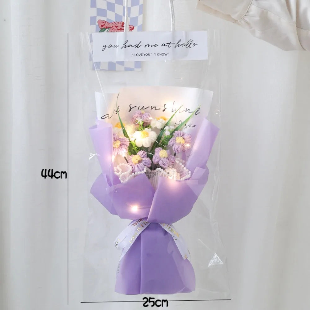 NewLuminous Bouquet Hand Knitted Crochet Flowers Bouquet Puff Flowers Eternal Artificial Flowers Mother Teachers Day Decor Gifts