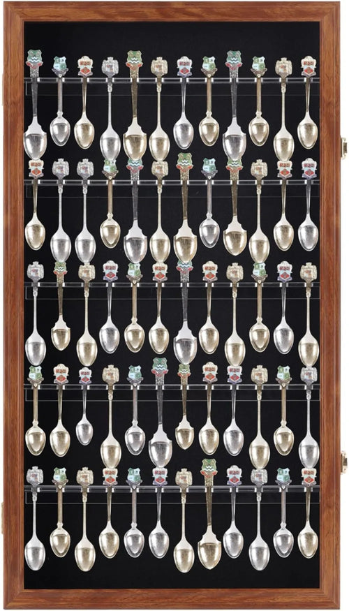 60-Spoon Display Case Rack Holder, UV Protection Lockable Walnut Wall Cabinet for Souvenir & Tea Spoons