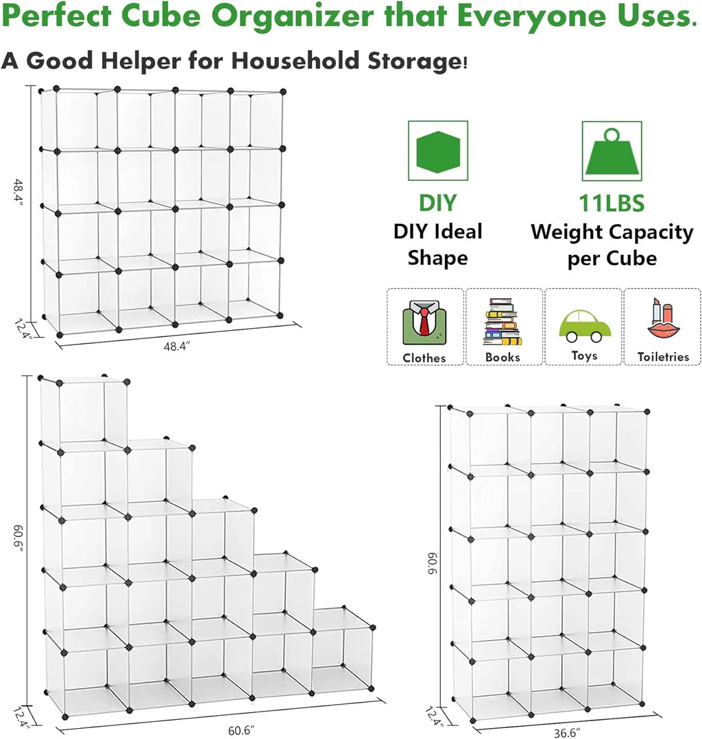 16-Cube Storage Organizer, Modular Closet Shelves, DIY Plastic Cubes for Home, 48.4"L x 12.4"W x 48.4"H