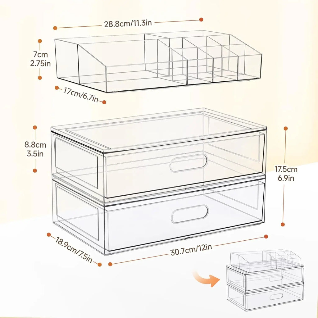 Clear Acrylic Stackable Makeup Organizer with Drawers, 12"W Cosmetic Storage for Vanity