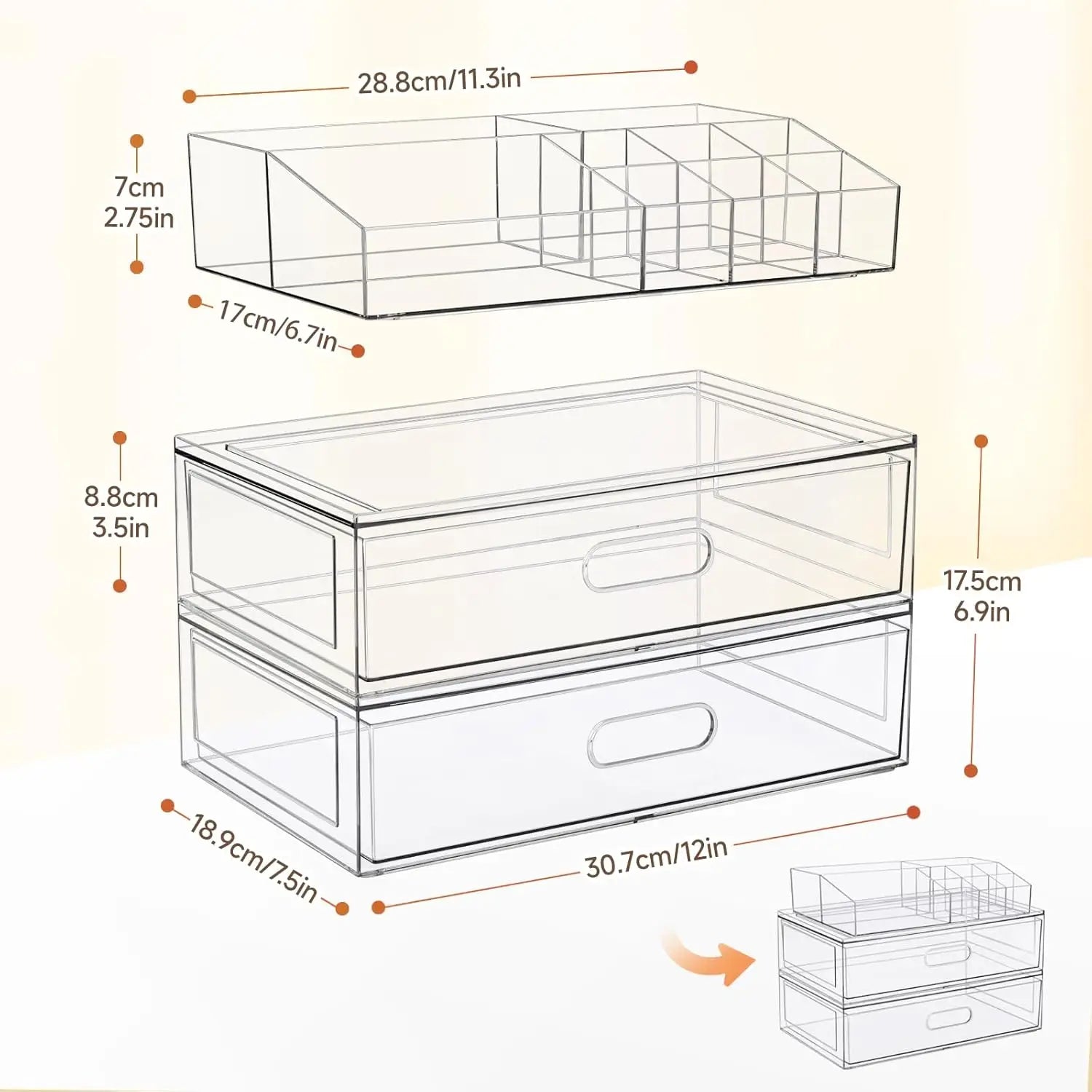 Clear Acrylic Stackable Makeup Organizer with Drawers, 12"W Cosmetic Storage for Vanity