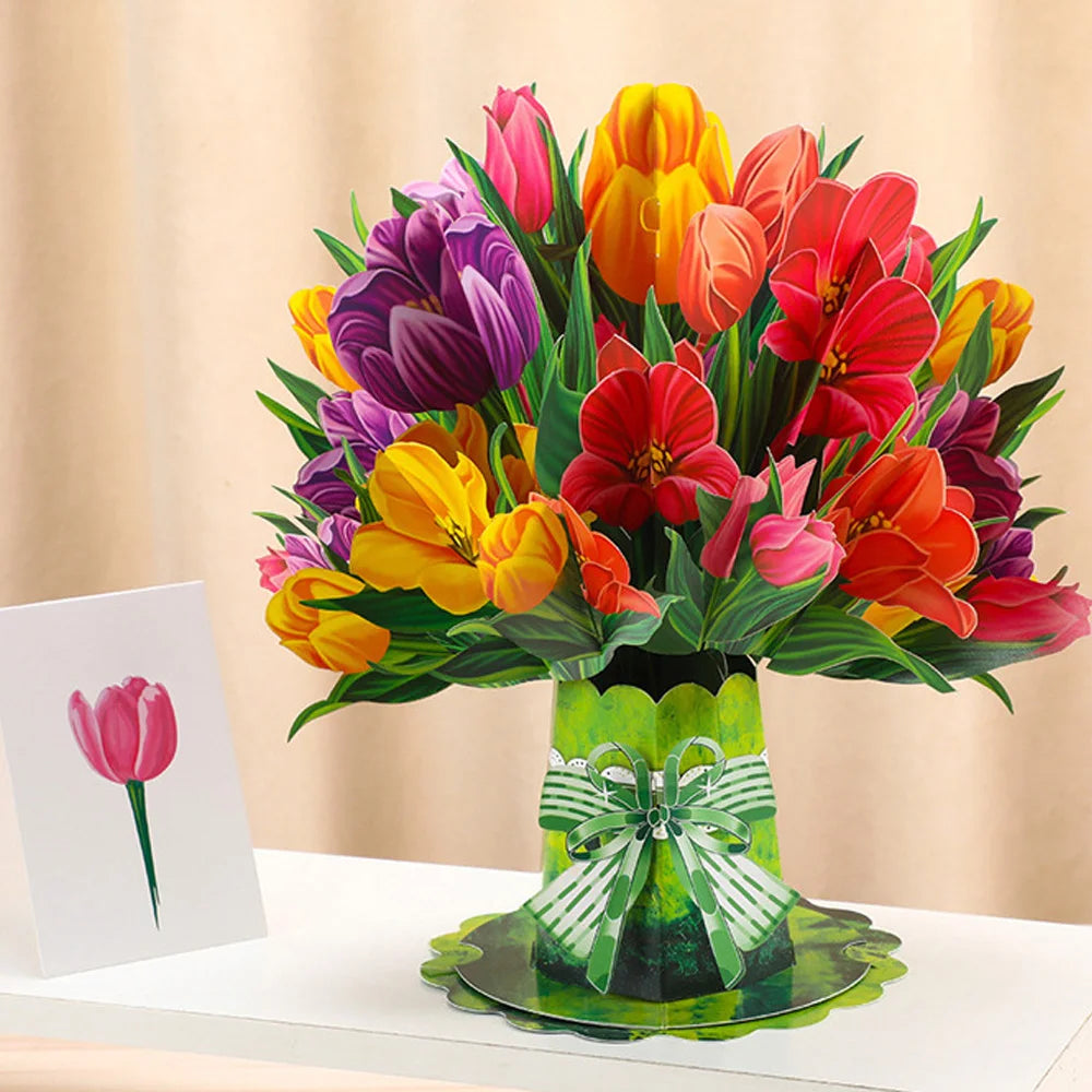 Premium 3D Pop Up Flower Bouquet Card Mothers Day Gift Valentines Day Anniversary Birthday Greeting Cards Thank You Wishes Gifts