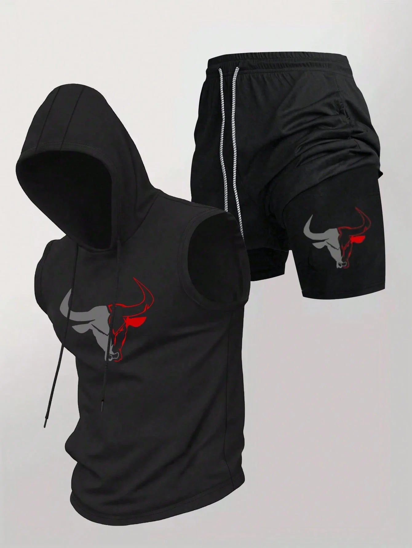 Men's Black Sleeveless Hooded Vest and Shorts Set Bull Print Tracksuit