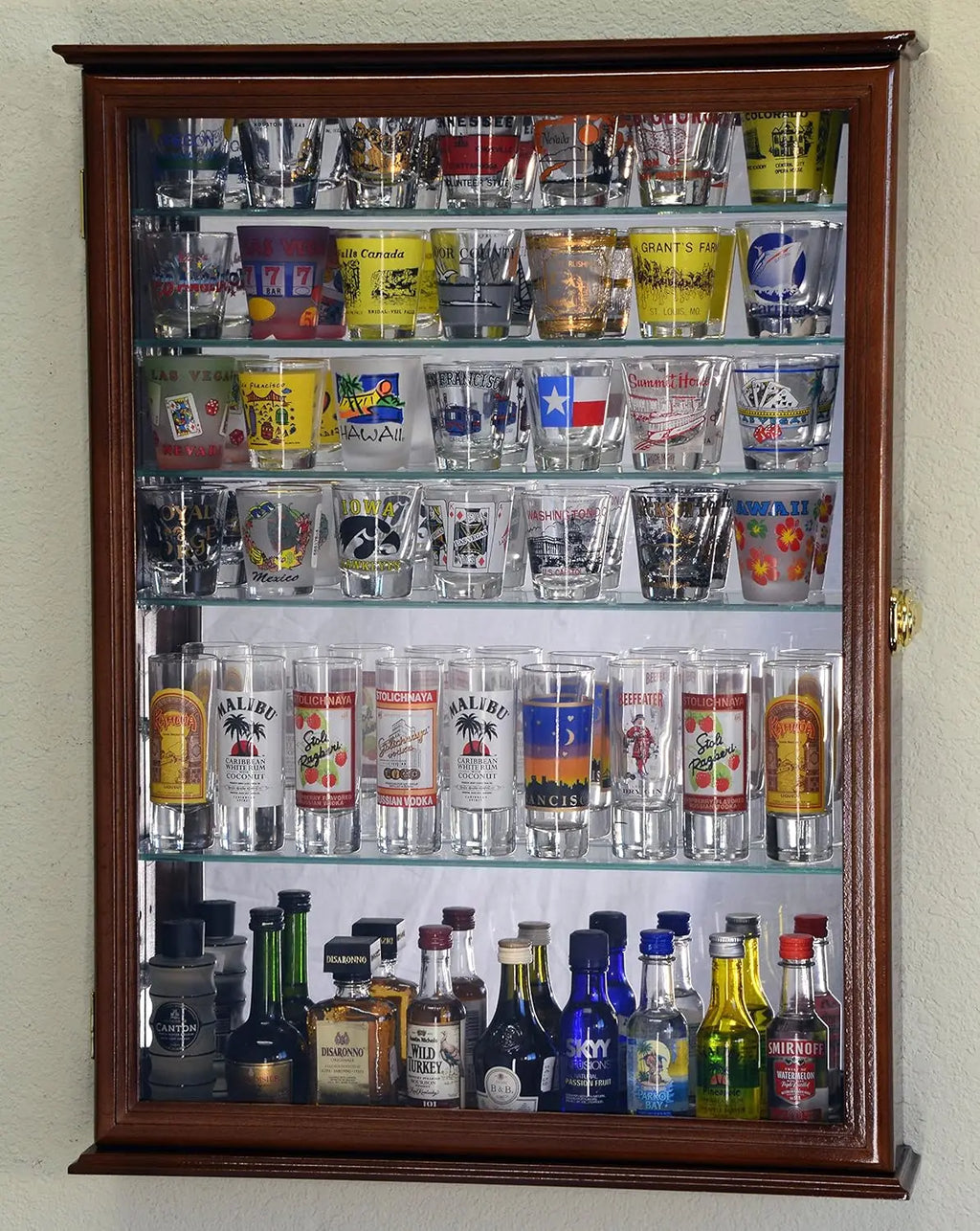 Large Mirror Backed and 7 Glass Adjustable Shelves Shot Glass Glasses Shooter Display Case Holder Cabinet Shotglass, Walnut