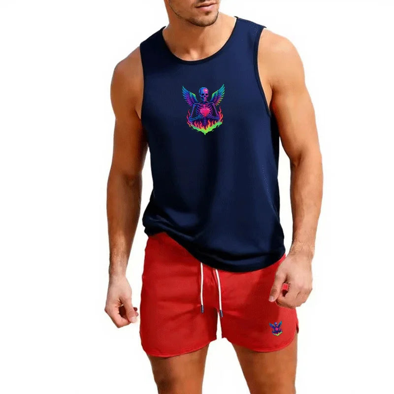 Men's European Size 2 Piece Beach Vest and Shorts Set Summer Casual Trendy Sportswear for Outdoor Jogging Basketball Training