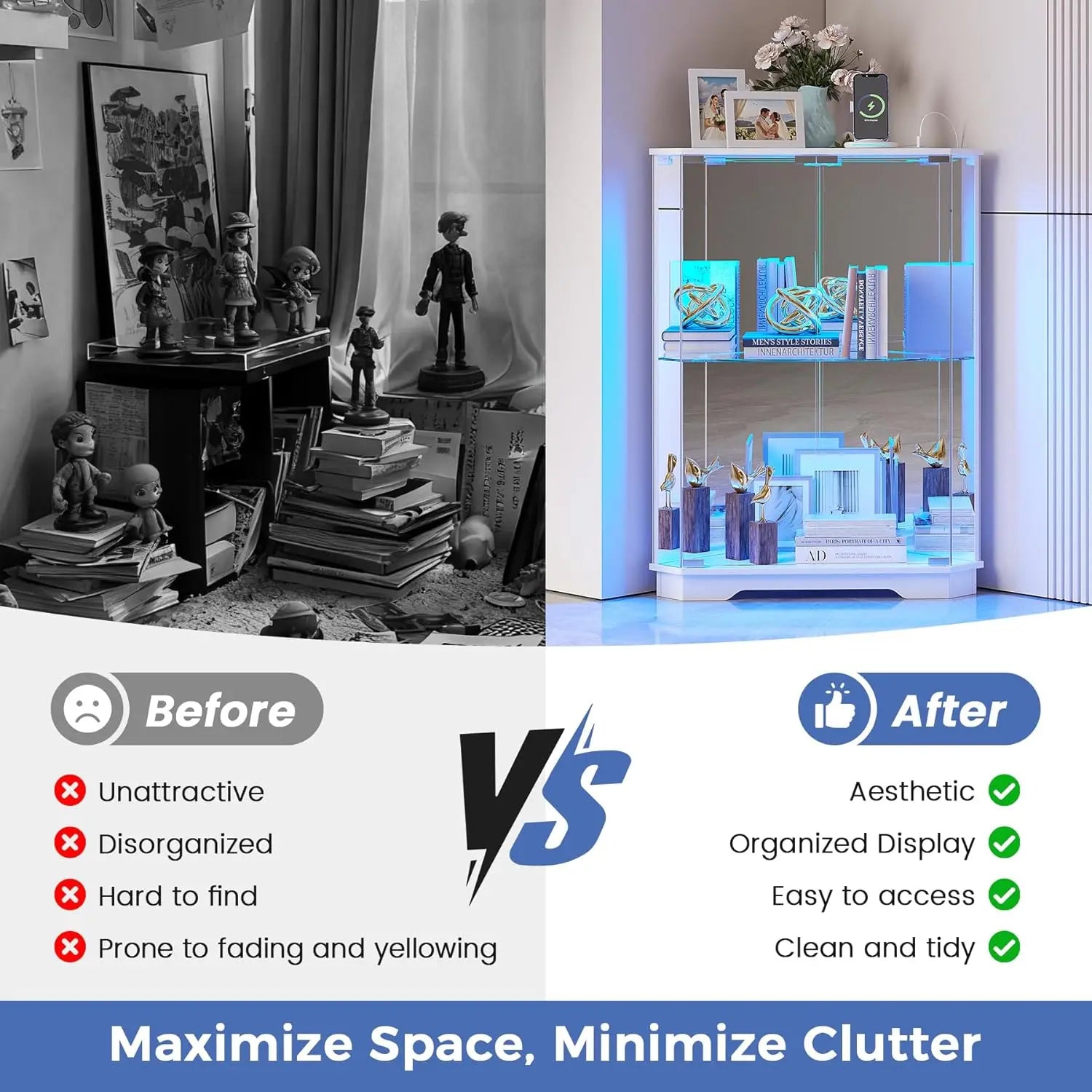 Corner Display Cabinet Set of 2 with Glass Doors, Small Display Case with 3-Color LED Lights and Charging Station, 2-Tier Cur