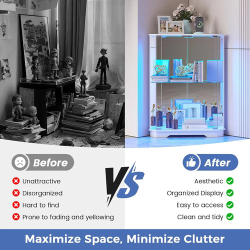 Corner Display Cabinet Set of 2 with Glass Doors, Small Display Case with 3-Color LED Lights and Charging Station, 2-Tier Cur