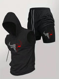 Men's Black Sleeveless Hooded Vest and Shorts Set Bull Print Tracksuit
