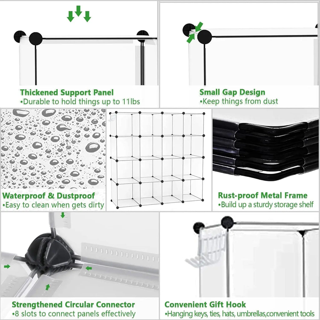 16-Cube Storage Organizer, Modular Shelves for Home, DIY Closet Organizer, Transparent Plastic Cubes 48.4"L x 12.4"W x 48.4"H