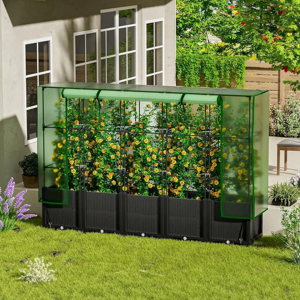 Large Black Plastic Vertical Garden Bed with Greenhouse, Trellis, and Self-Watering System for Tomatoes and Climbing Plants