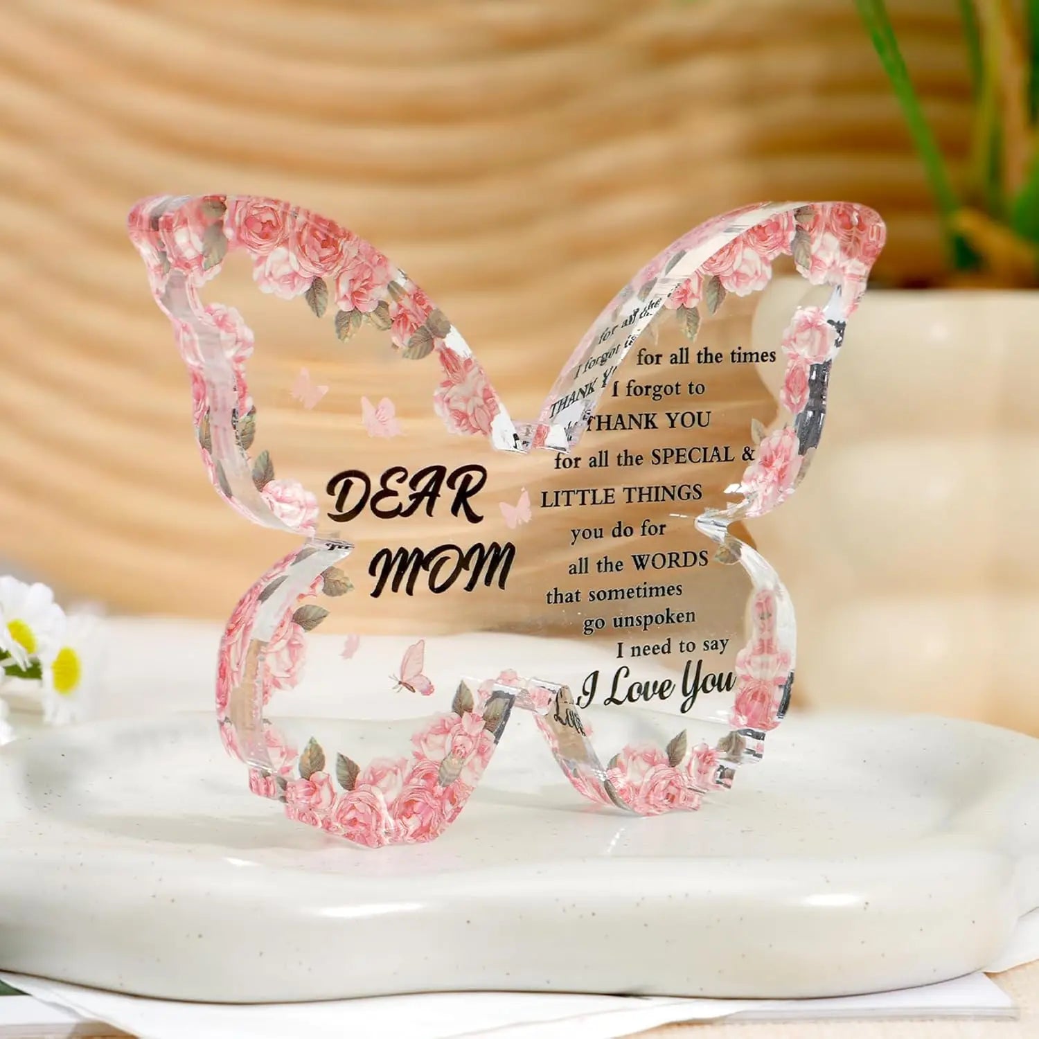 Mothers Day Gifts for Mom Gifts Acrylic Plaque Pink Butterfly Shaped Decor for Mom Birthday Christmas Retirement Easter