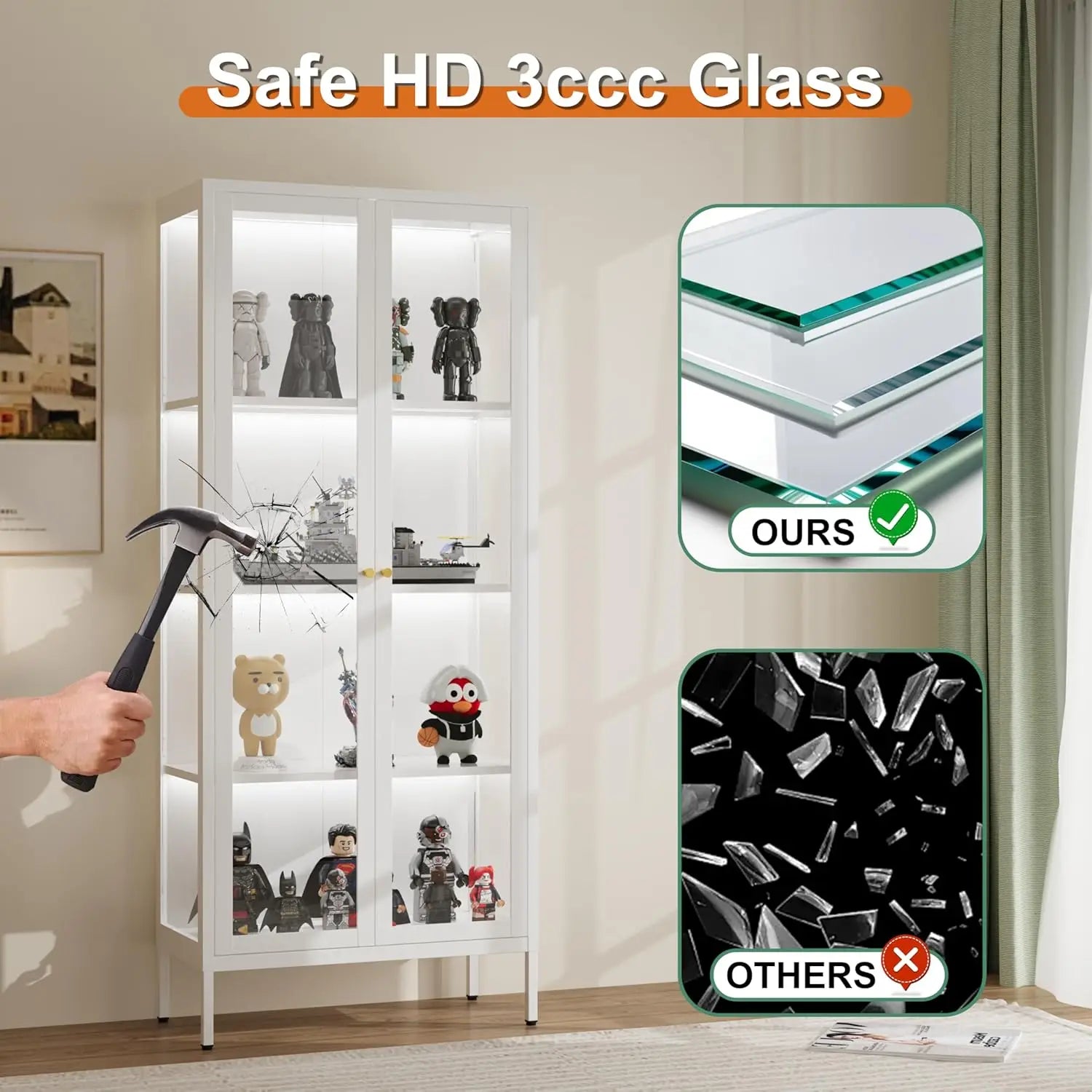 66" H Glass Display Cabinet 4-Tier,Lighted Display case,Curio Cabinet with Glass Doors and Adjustable Shelves, Display Shelf