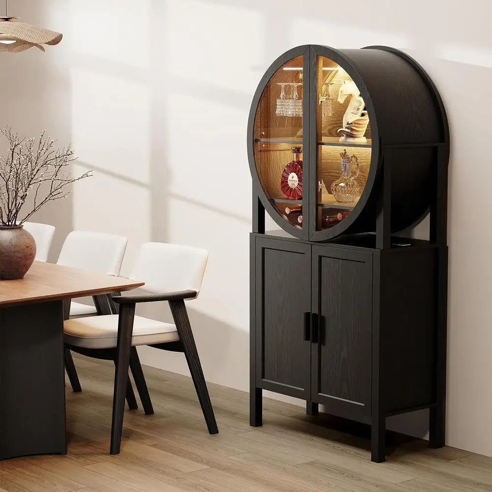 Illuminated 65 Glass Curio Cabinet with Unique Design, Ideal for Wine and Kitchen Storage in Dining or Living Room, Sleek Black
