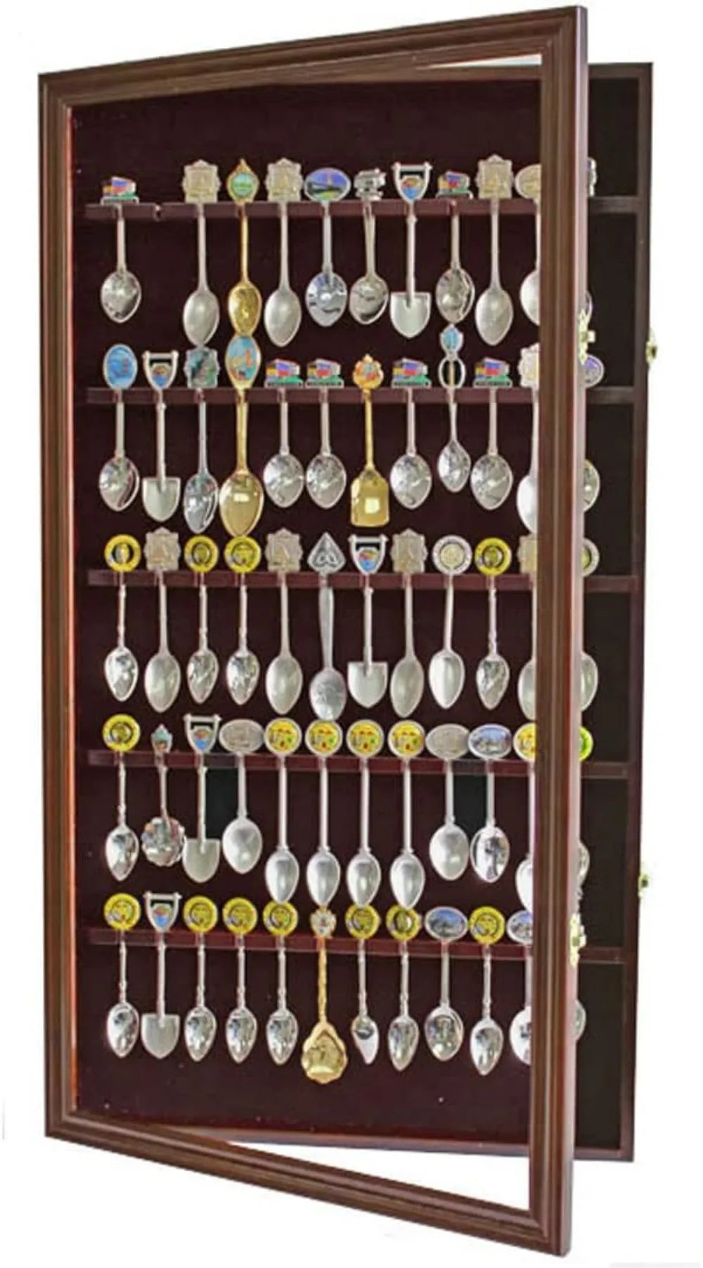 60-Spoon Display Case Rack Holder, UV Protection Lockable Walnut Wall Cabinet for Souvenir & Tea Spoons
