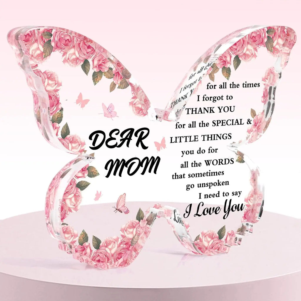 Mothers Day Gifts for Mom Gifts Acrylic Plaque Pink Butterfly Shaped Decor for Mom Birthday Christmas Retirement Easter