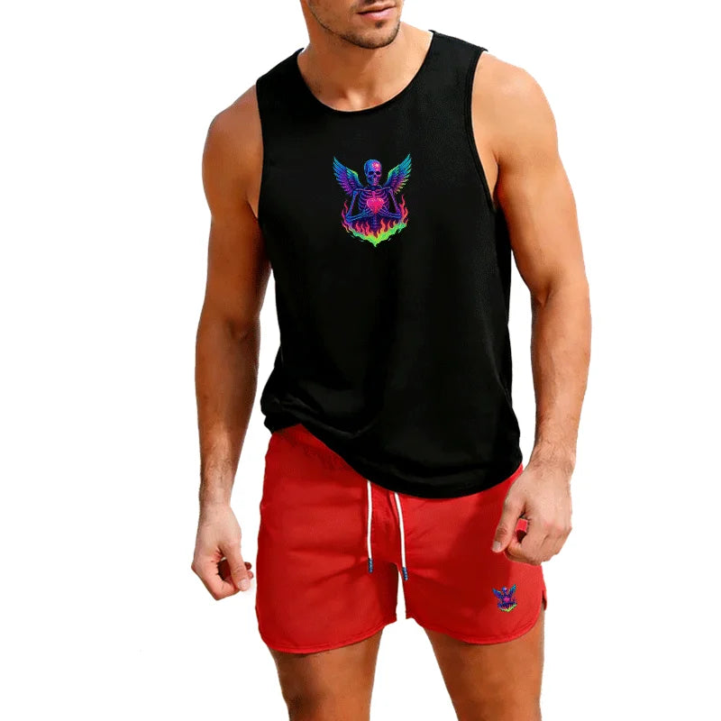 Men's European Size 2 Piece Beach Vest and Shorts Set Summer Casual Trendy Sportswear for Outdoor Jogging Basketball Training